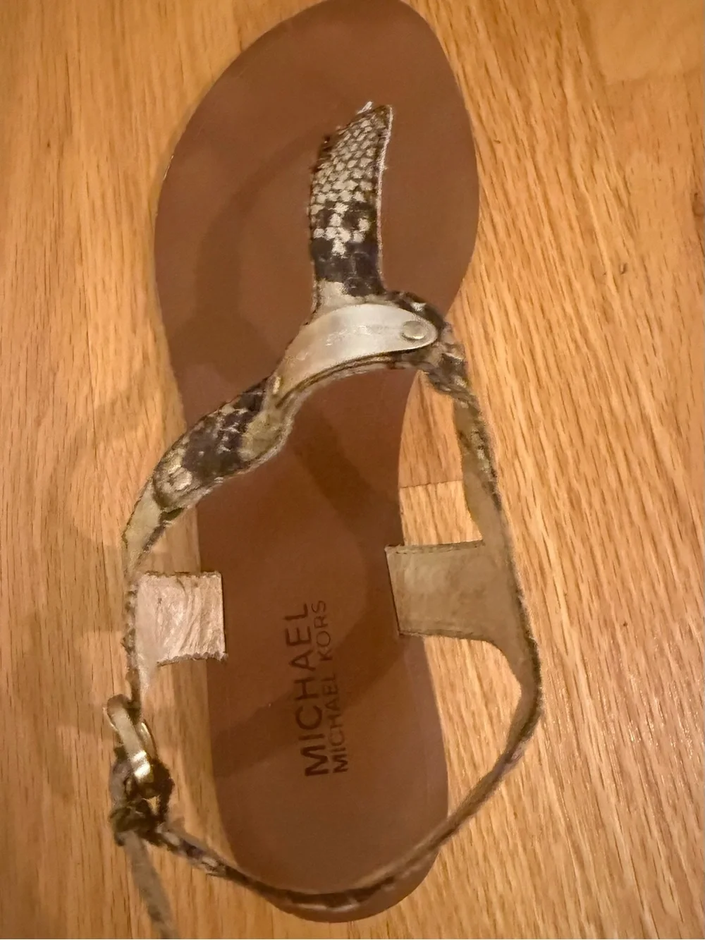 Michael Kors Brown and Snake-Print Leather Thong Sandals with Gold Accents